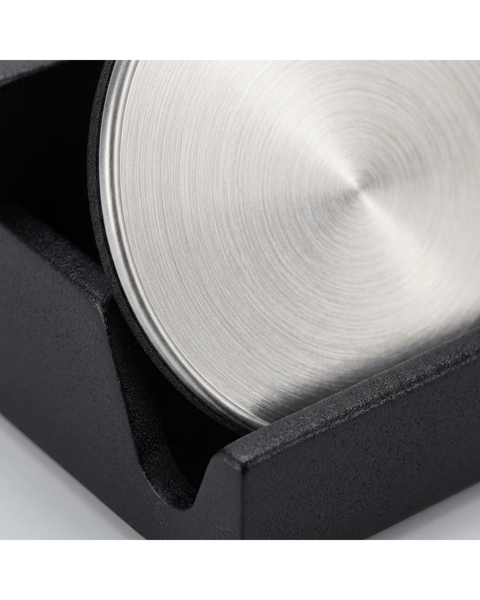 Ywjnp Capsule Brushed Stainless-Steel Coasters Four Piece Silver Black with Rack - Detail view