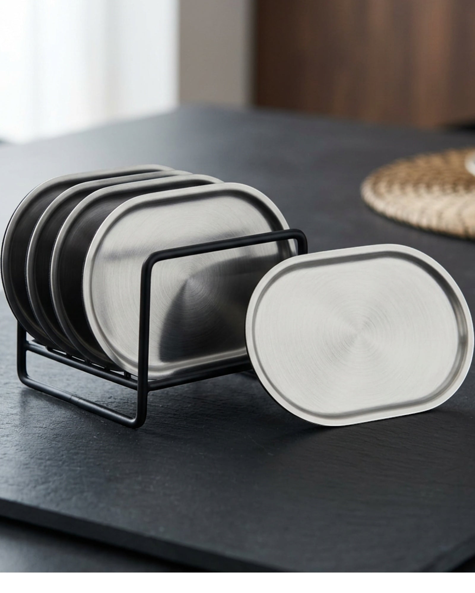 Ywjnp Capsule Brushed Stainless-Steel Coasters Four Piece Silver Black with Rack - Lifestyle view