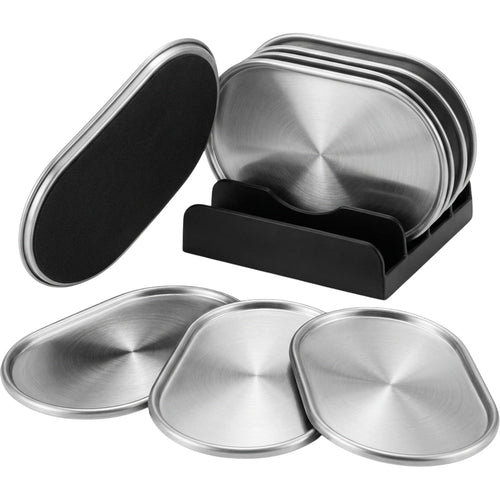 Ywjnp Capsule Brushed Stainless-Steel Coasters Four Piece Silver Black with Rack - Product view