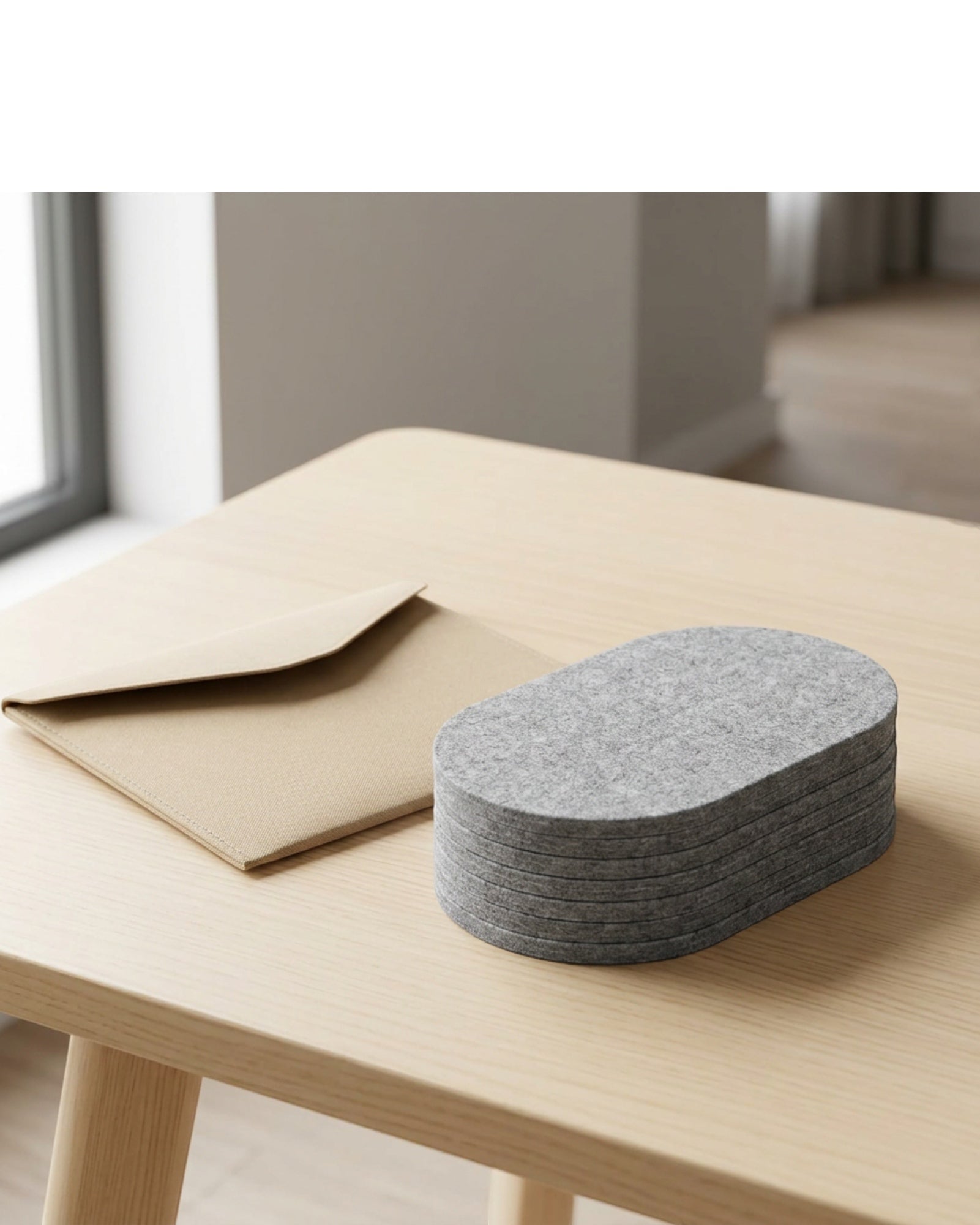 Ywjnp Oval Polyester Felt Coasters Eight Piece Fog Gray - Lifestyle view