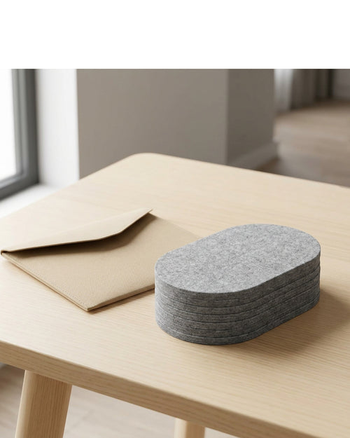Ywjnp Oval Polyester Felt Coasters Eight Piece Fog Gray - Lifestyle view