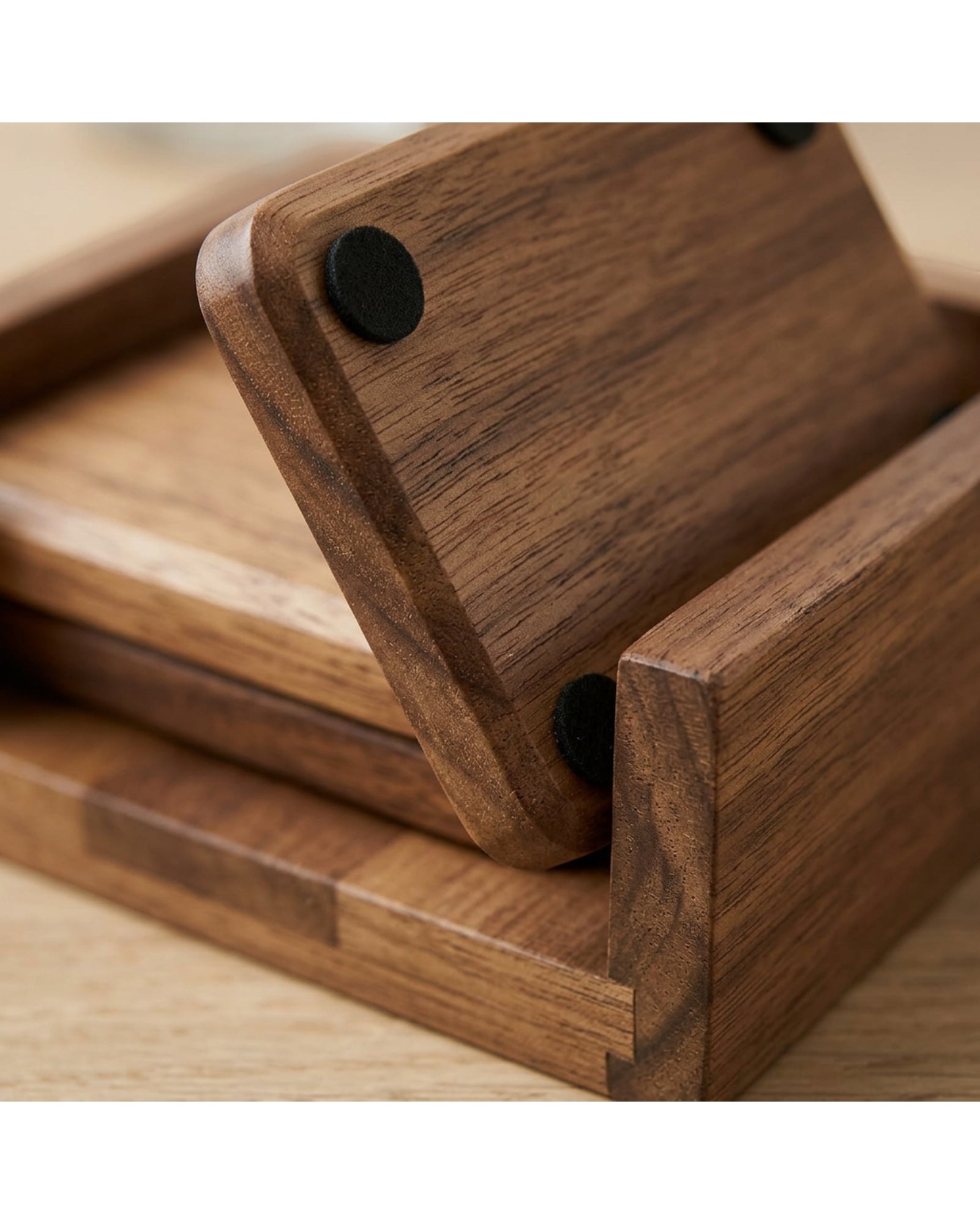 Ywjnp Rounded Rectangle Acacia Wood Coasters Four Piece Walnut with Holder - Detail view