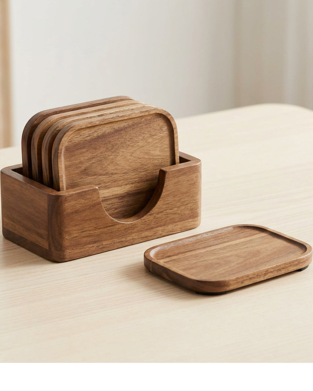 Ywjnp Rounded Rectangle Acacia Wood Coasters Four Piece Walnut with Holder - Lifestyle view