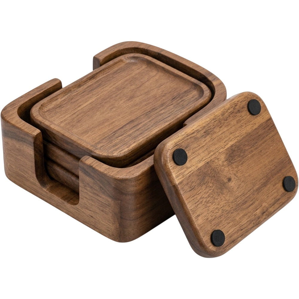 Ywjnp Rounded Rectangle Acacia Wood Coasters Four Piece Walnut with Holder - Product view